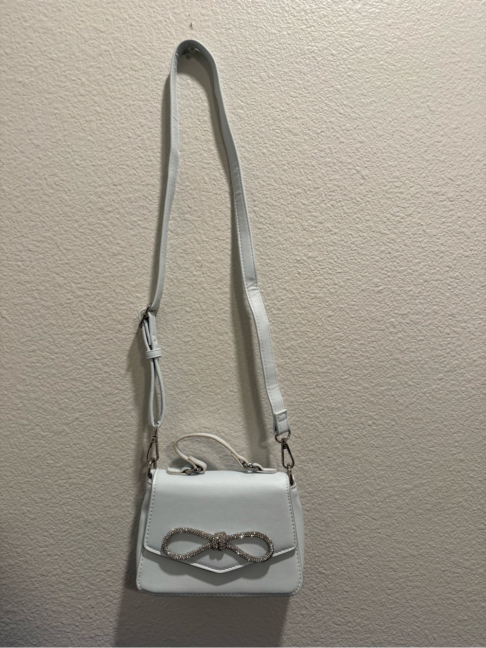 Light Blue Crossbody Satchel with Crystal Bow Accent